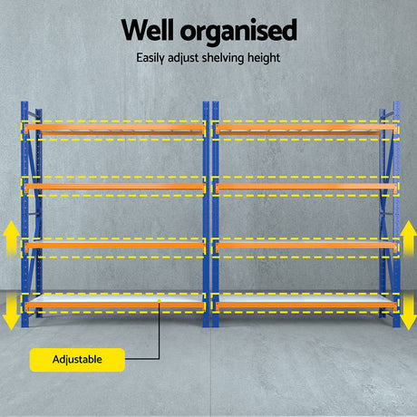 Adjustable metal shelving unit with blue frames and orange shelves, height customizable for organized storage