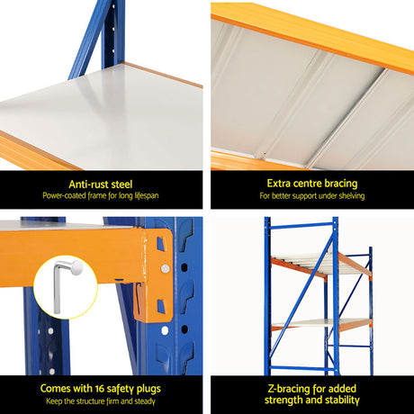 Heavy-duty steel shelving with anti-rust frame, Z-bracing, safety plugs, and extra centre support for stability