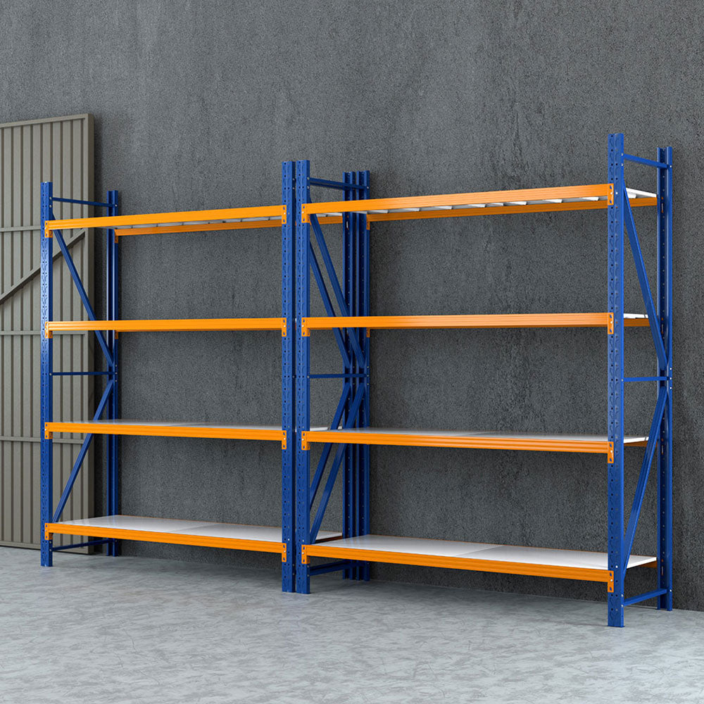 Blue and orange industrial shelving units for warehouse storage