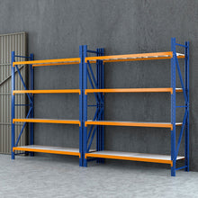 Blue and orange industrial shelving units for warehouse storage
