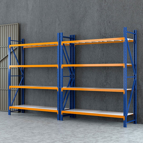 Blue and orange industrial shelving units for warehouse storage
