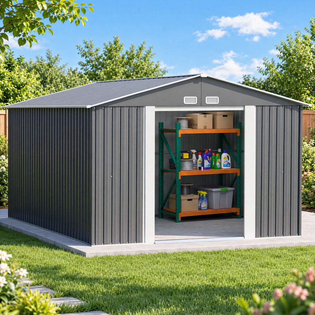 Giantz garden shed 301 x 303 x 214cm with 3 tier steel shelving rack