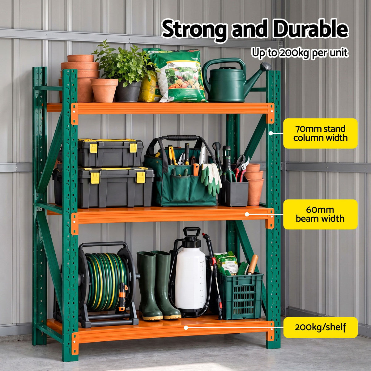 Steel shelving rack with adjustable shelf heights and Z-bracing