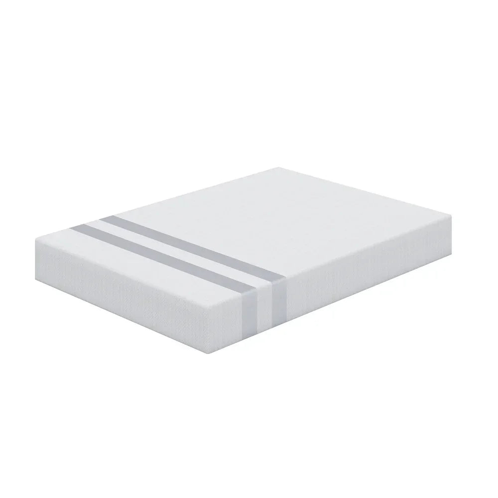White mattress topper with two gray stripes on side, isolated on white background