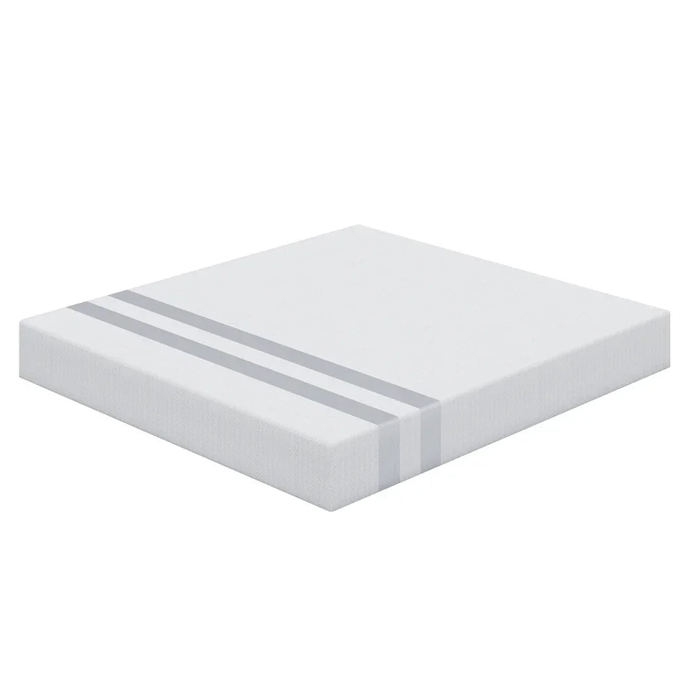 White square mattress topper with two gray parallel stripes on one corner, isolated on white background