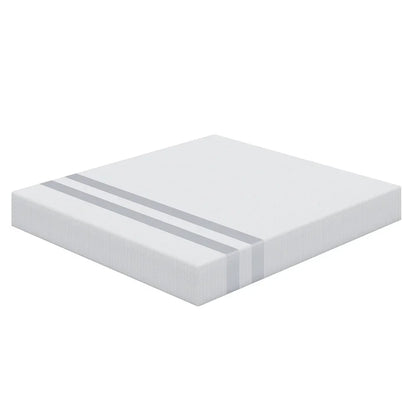 White square mattress topper with two gray parallel stripes on one corner, isolated on white background