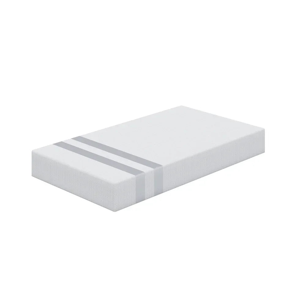 White rectangular foam mattress with two gray horizontal stripes on one side