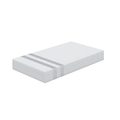 White rectangular foam mattress with two gray horizontal stripes on one side