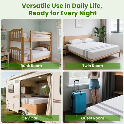 Versatile mattress use in bunk room, twin room, RV car, and guest room settings