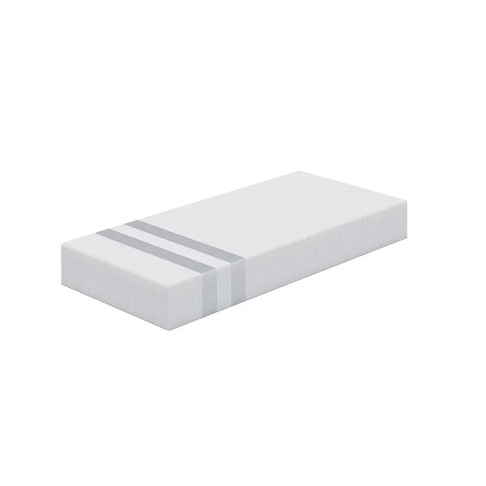 White memory foam mattress with two gray stripes on one end isolated on white background
