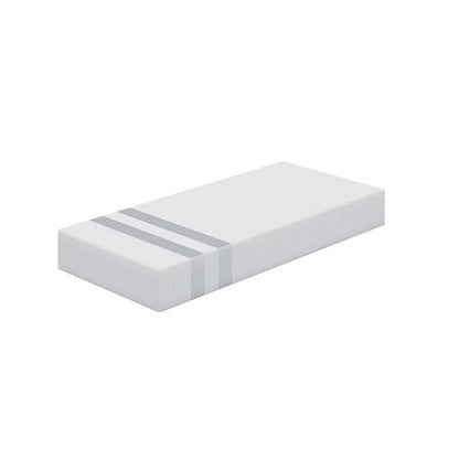White memory foam mattress with two gray stripes on one end isolated on white background