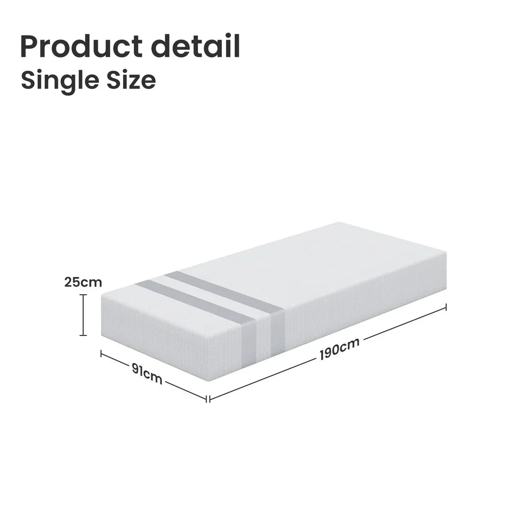 White single mattress with gray stripes, dimensions 190cm by 91cm by 25cm, isolated on white background