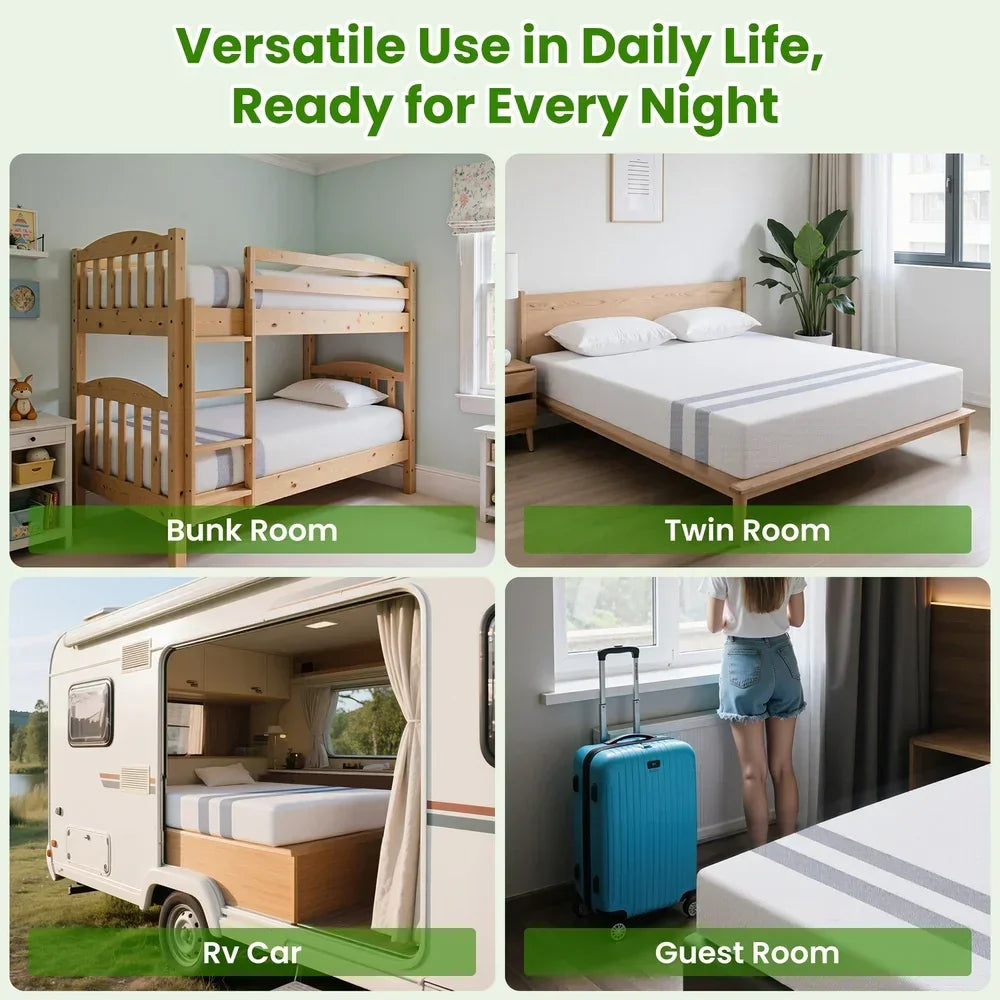 Four scenes showing versatile mattress use: bunk bed, twin bed, RV car bedroom, and guest room with suitcase