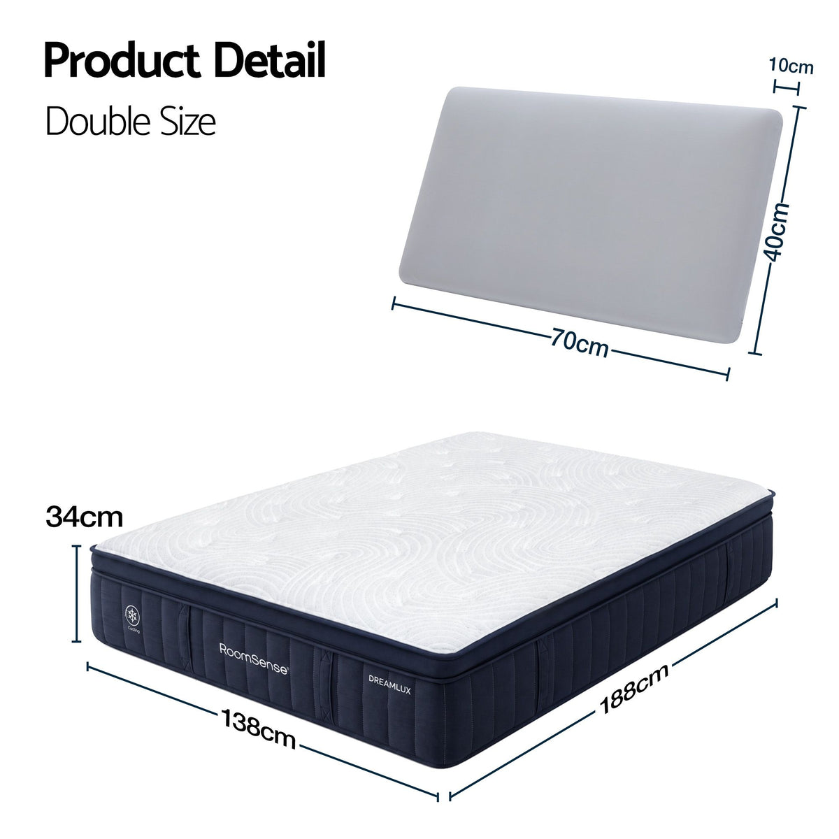 Double mattress 34cm deep, 138 x 188cm, with a 5-zone pocket spring core