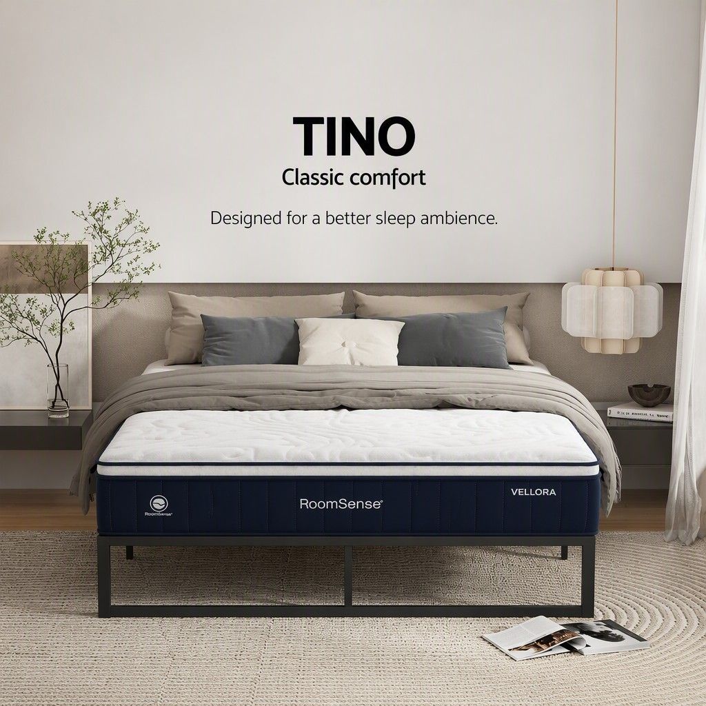 RoomSense Double 30cm natural latex hybrid mattress with a steel bed frame
