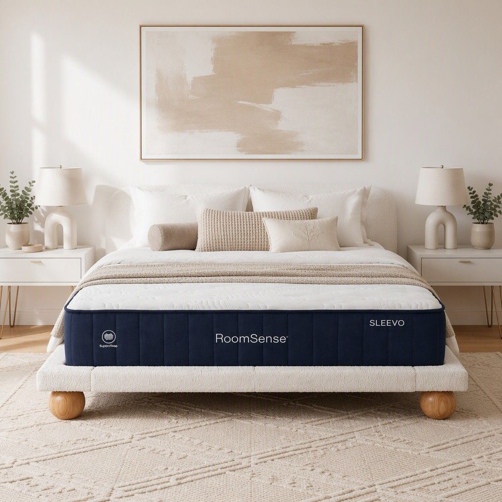 RoomSense Queen 26cm firm mattress with a beige boucle upholstered bed frame