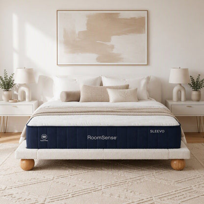 RoomSense Queen 26cm firm mattress with a beige boucle upholstered bed frame
