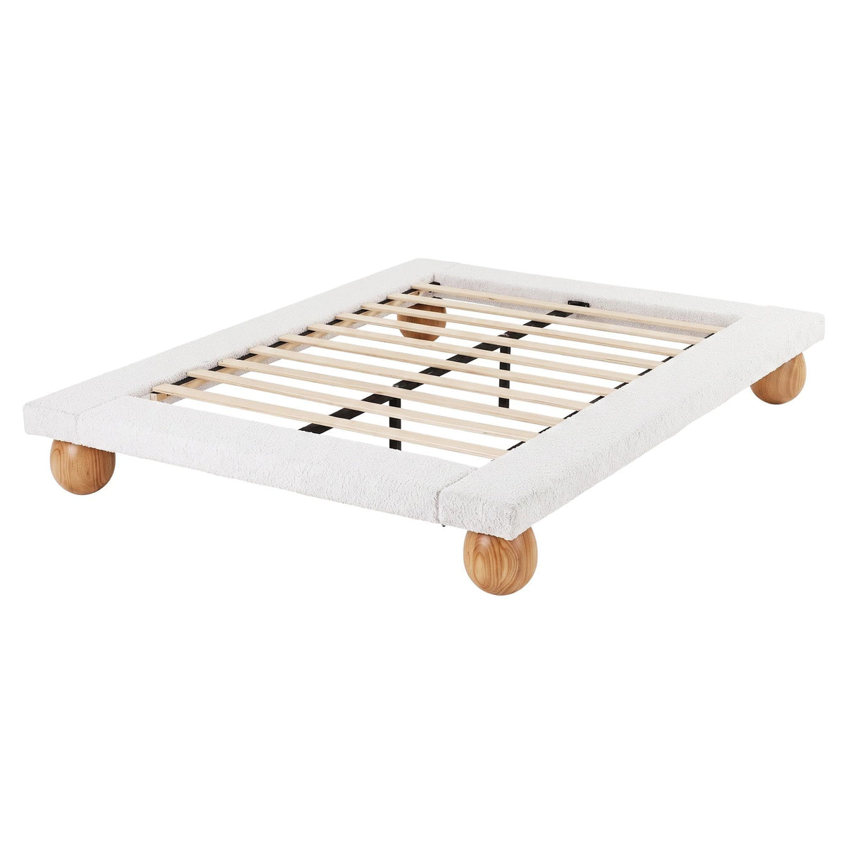 Ten plywood slats and a metal centre frame support the queen mattress area