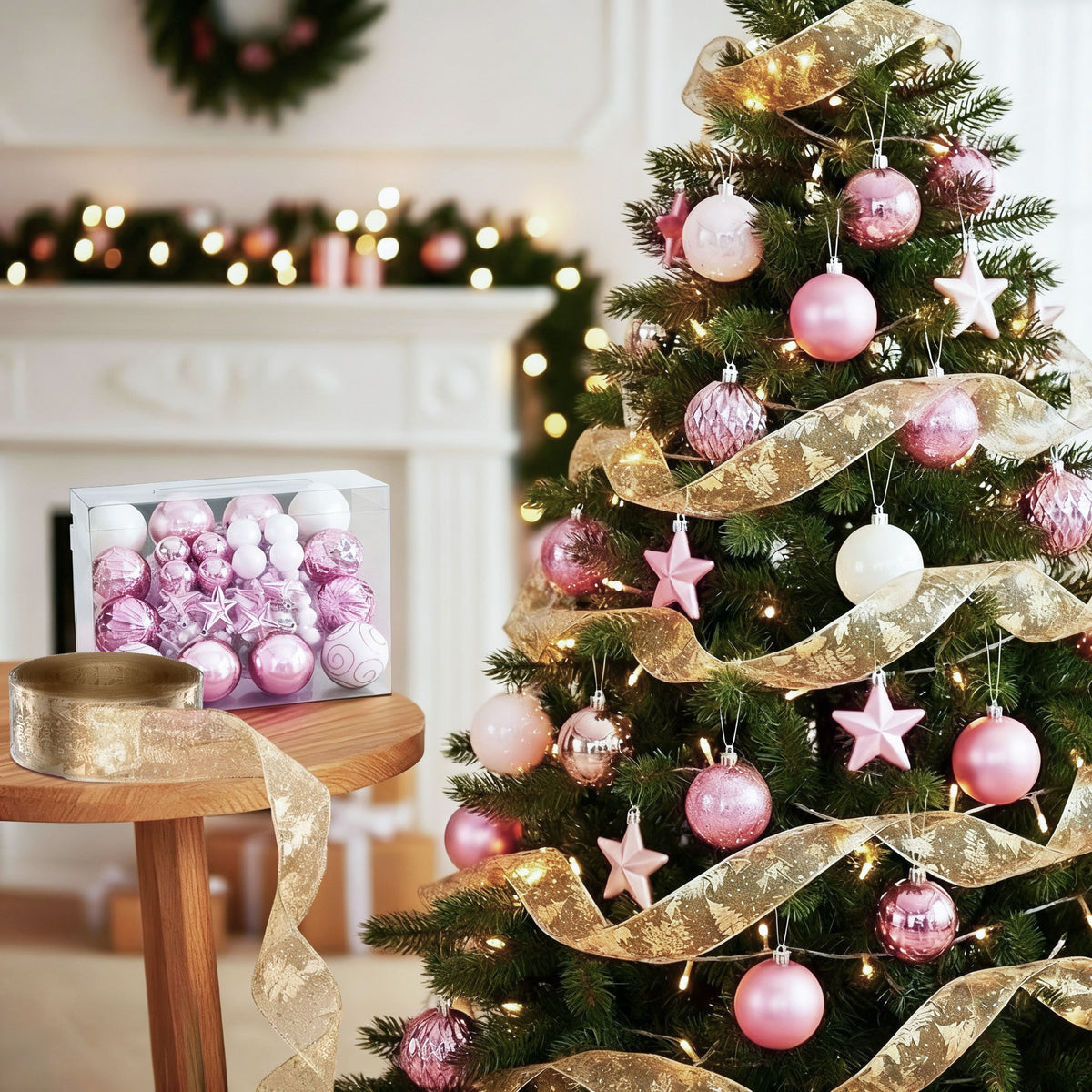 Jingle Jollys 34pc Ornament Set + 20m Ribbon - Pink Gold
