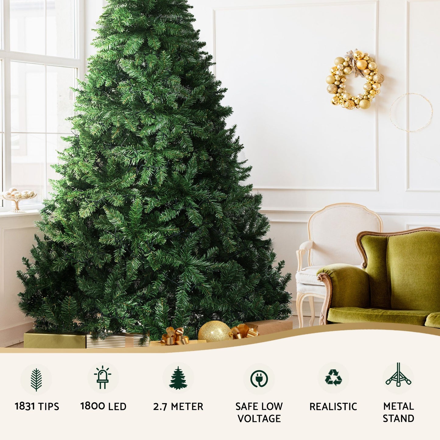 Jingle Jollys Pre Lit Christmas Tree 2.7m 1800 LEDs