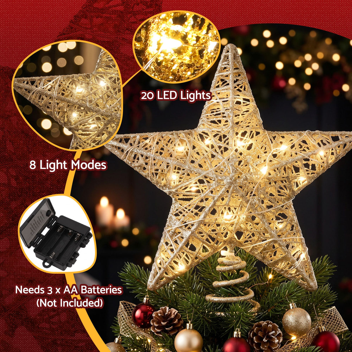 Jingle Jollys 3D Gold Tree Topper Star - 20 Warm LED - view 8