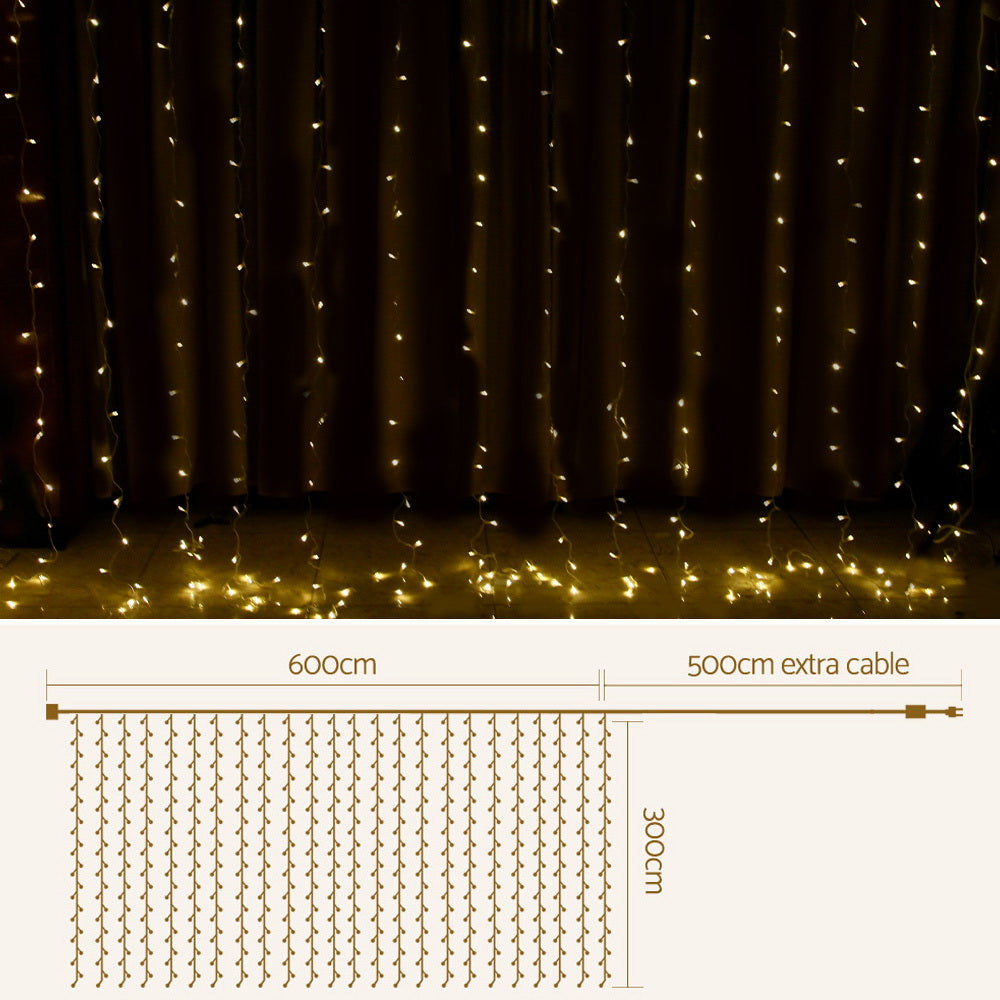 Jingle Jollys Christmas Curtain Lights 600 LED Warm White 6m x 3m 8 Modes