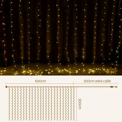 Jingle Jollys Christmas Curtain Lights 600 LED Warm White 6m x 3m 8 Modes