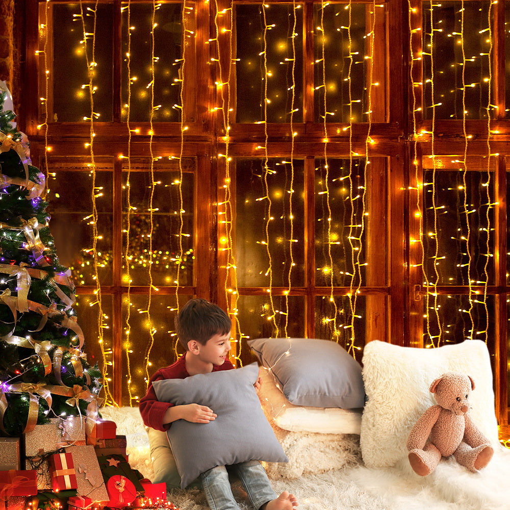 Jingle Jollys Christmas Curtain Lights 600 LED Warm White 6m x 3m 8 Modes