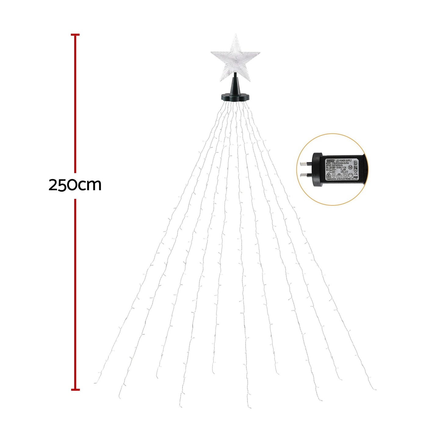 Jingle Jollys Christmas Tree Waterfall Lights Star Topper 2.5m 300 LED Cool White