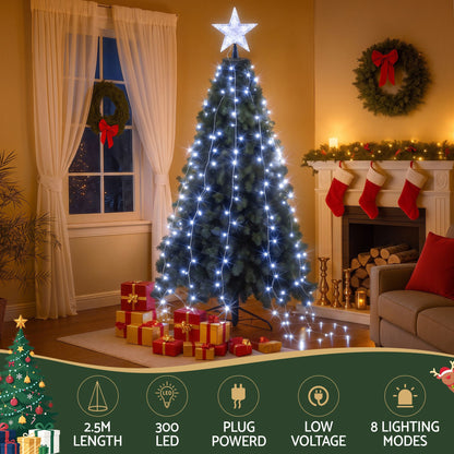 Jingle Jollys Christmas Tree Waterfall Lights Star Topper 2.5m 300 LED Cool White