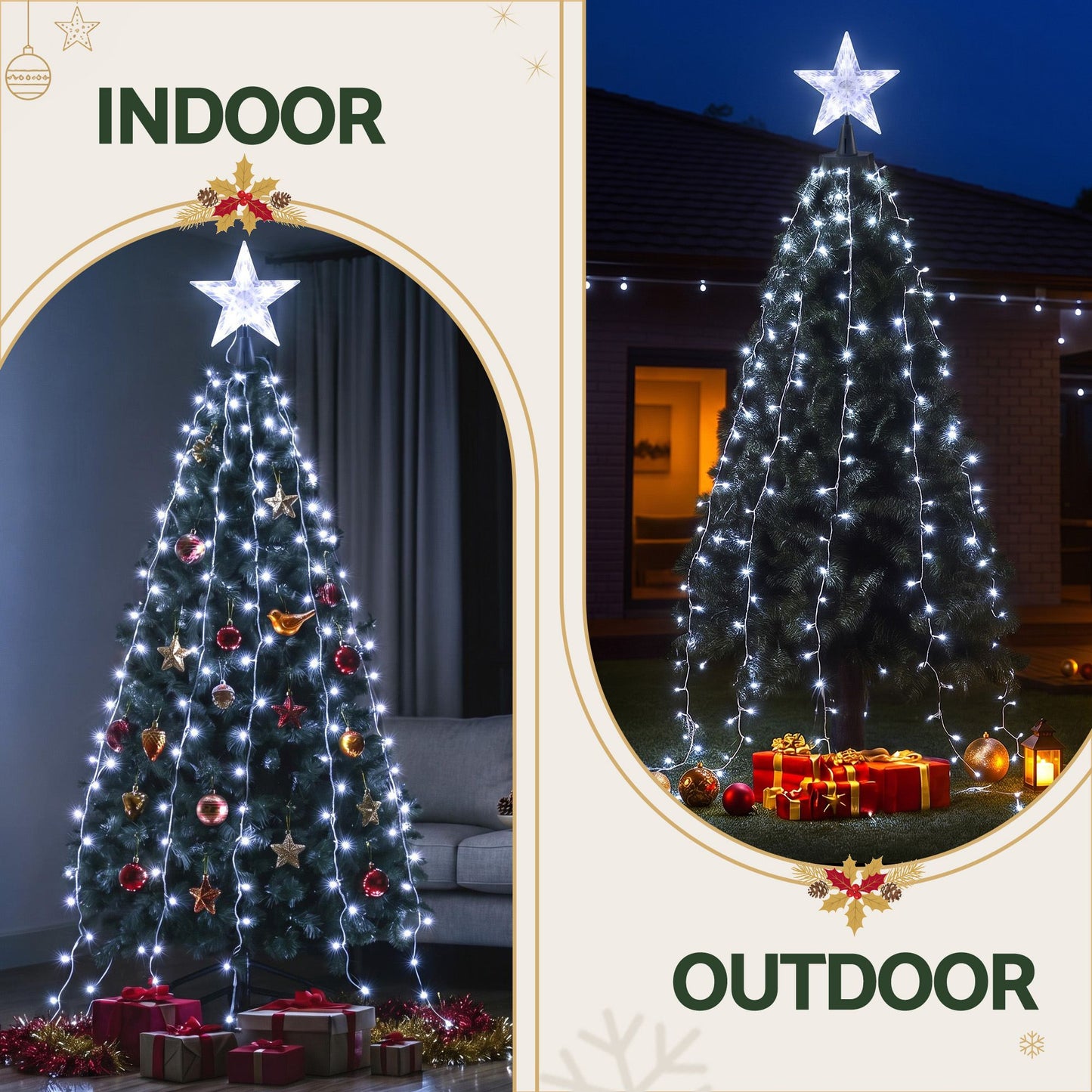 Jingle Jollys Christmas Tree Waterfall Lights Star Topper 2.5m 300 LED Cool White