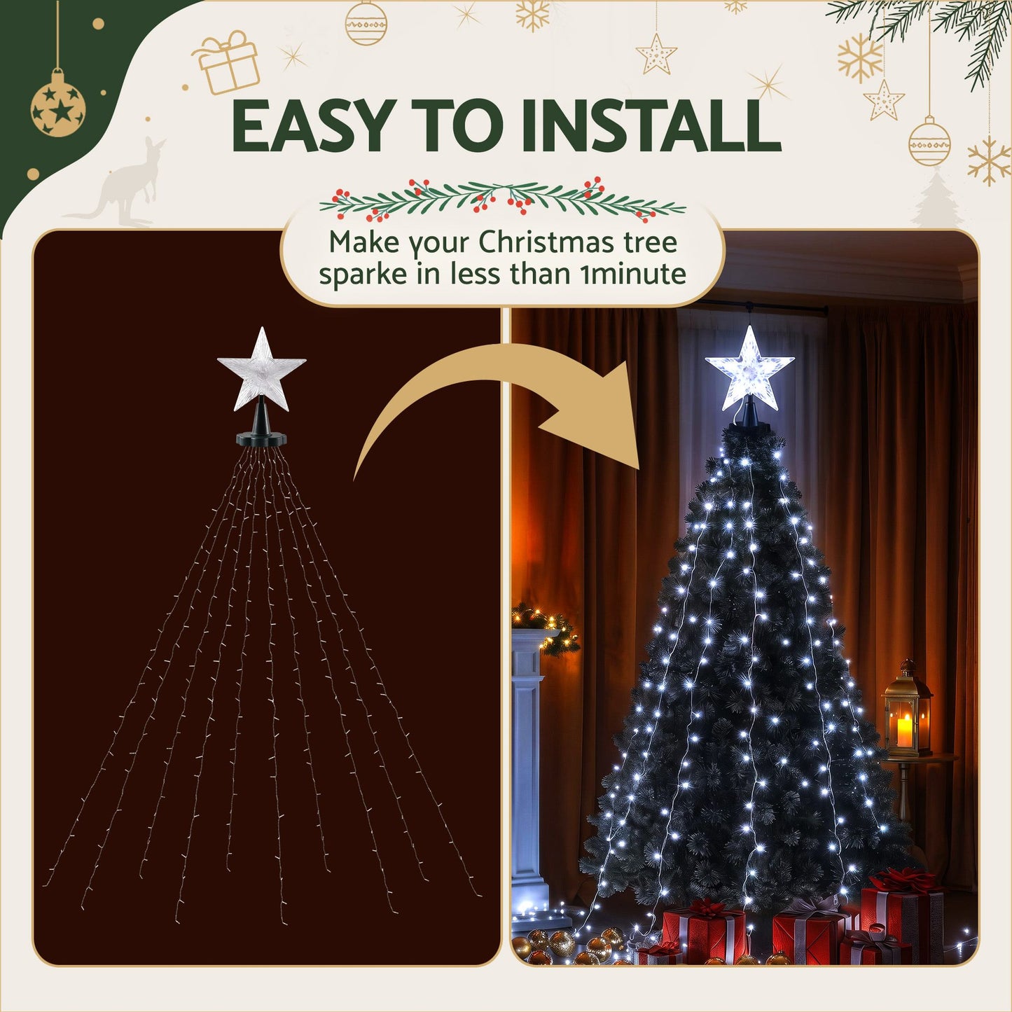 Jingle Jollys Christmas Tree Waterfall Lights Star Topper 2.5m 300 LED Cool White