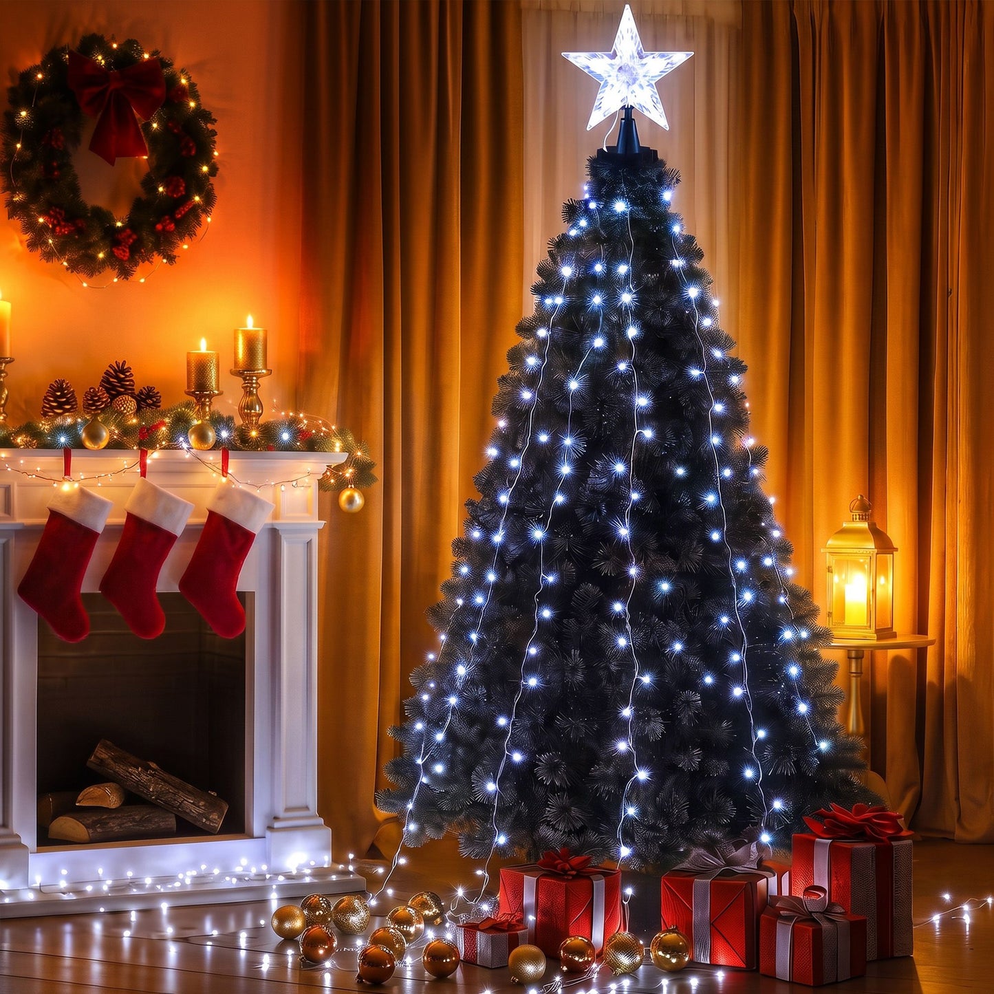 Jingle Jollys Christmas Tree Waterfall Lights Star Topper 2.5m 300 LED Cool White
