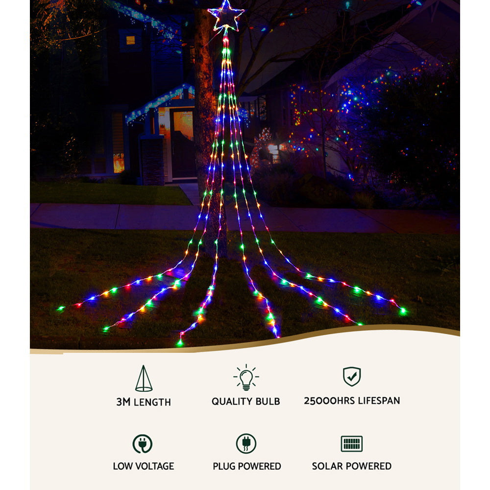 Jingle Jollys Solar Cascading Christmas Lights 6 Strand 200 LED Multicolour 3m