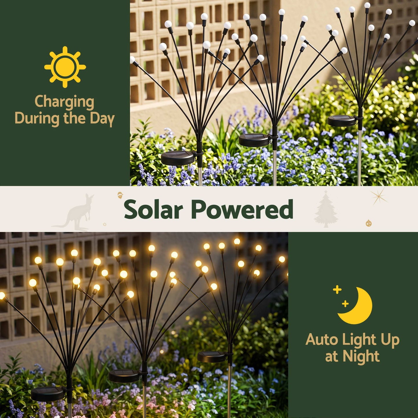 Jingle Jollys Solar Firefly Garden Stake Lights Warm White 3 Pack 30 LED