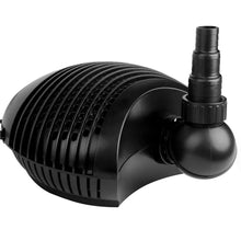 Black submersible pond pump with ribbed casing and angled hose connector