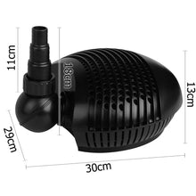 Black aquarium water pump with multiple hose fittings, vented cover, product dimensions shown