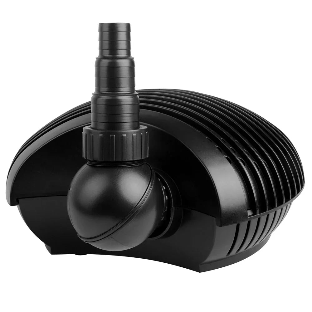 Black water pump with ribbed housing and hose connector, ideal for ponds or aquariums