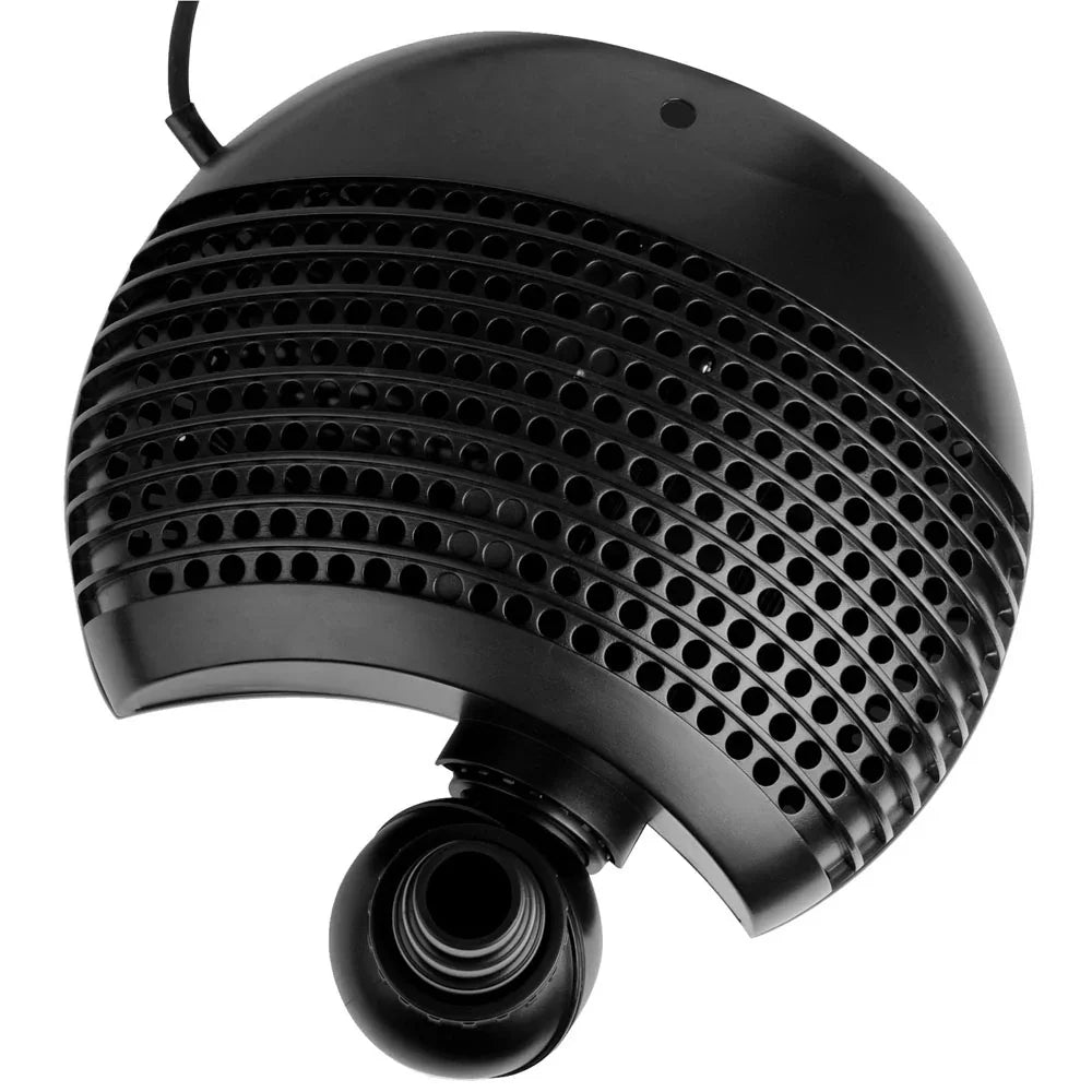 Black aquarium pump with curved vented casing and nozzle, isolated on white background