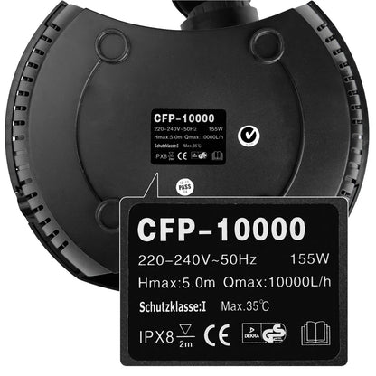 Close-up of CFP-10000 water pump label with power and flow specifications
