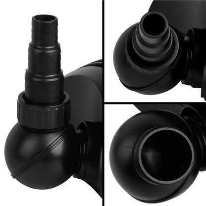 Close-up of black plastic water pump fittings and hose connectors in three views