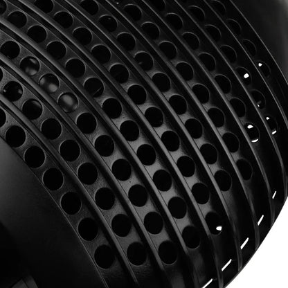 Close-up of black plastic slotted filter housing with round ventilation holes