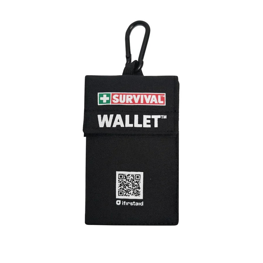 SURVIVAL First Aid Wallet 2.0, a slim water resistant first aid organiser with Velcro closure and built in carabiner