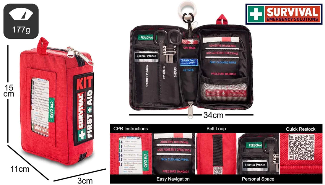 Compact Ocean Warrior first aid kit, 19 x 15 x 8 cm and 500 g, fits boat storage and backpacks