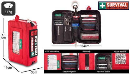 Contents include adhesive dressings, bandage shears, CPR card, nitrile gloves and splinter probes