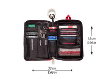 Water-resistant outer bag with colour-coded labelling for fast identification of first aid contents