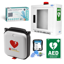 AED defibrillator kit with wall cabinet, large disposable gloves, prep kit, and AED sign