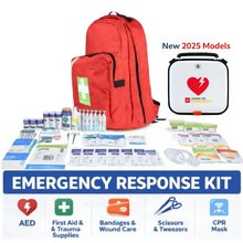 Emergency response kit pairing a LIFEPAK CR2 Essential fully-automatic defibrillator with a stocked first aid kit