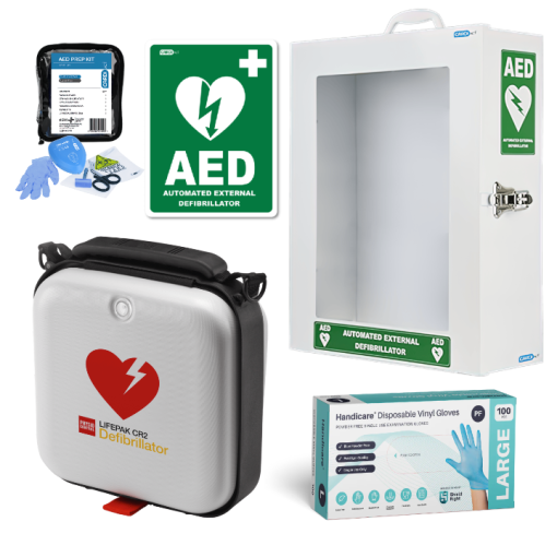Automated external defibrillator kit with AED case, prep kit, wall cabinet, gloves and AED sign