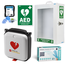 Automated external defibrillator kit with AED case, prep kit, wall cabinet, gloves and AED sign